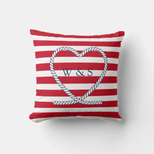 Nautical Heat Monogram Red White Stripe Couples Cushion