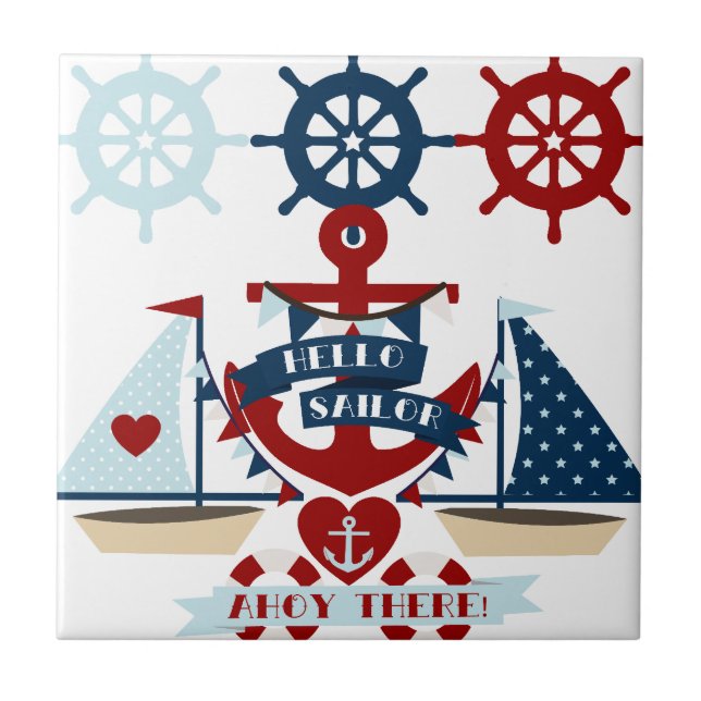 Nautical Hello Sailor Anchor Sail Boat Design Tile (Front)
