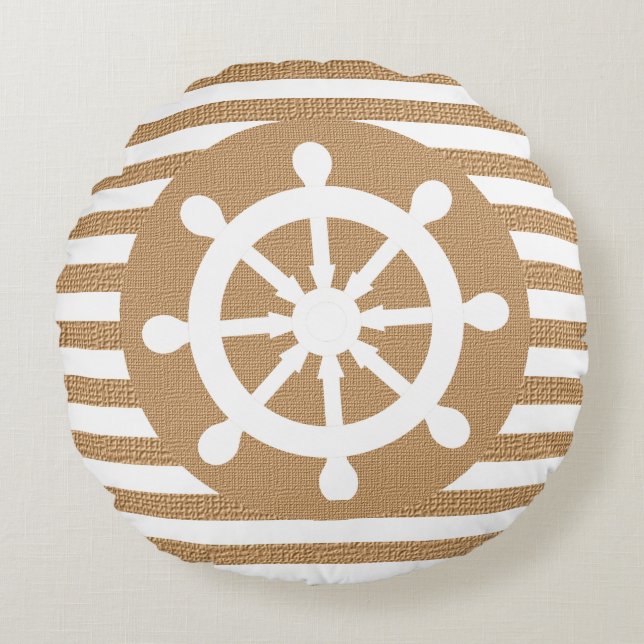 Nautical Helm on Burlap White and Tan  Stripes Round Cushion (Front)