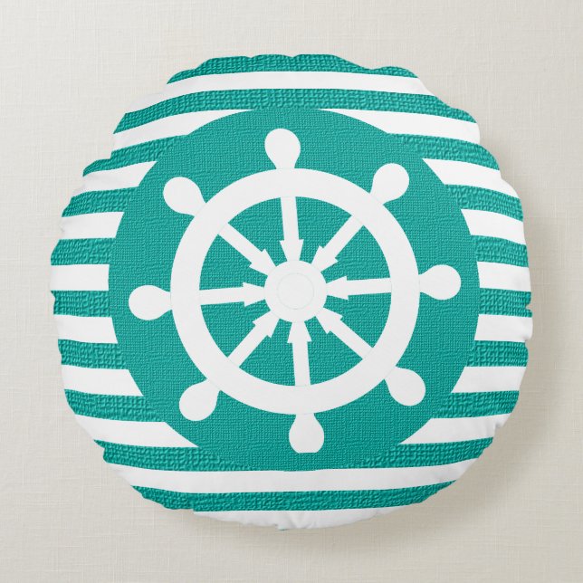 Nautical Helm on Burlap White and Teal Stripes Round Cushion (Front)