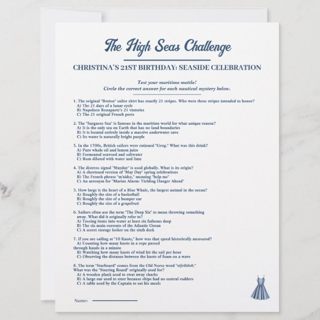 Nautical High Seas Challenge Birthday Game (Front)