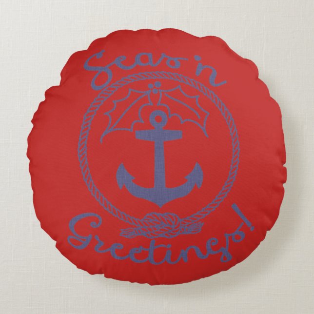 Nautical Holiday | Anchor & Holly | Greetings Round Cushion (Front)