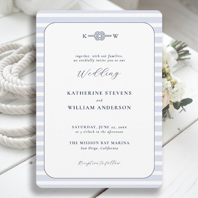 Nautical Infinity Knot Monograms Beach Wedding Invitation (beach wedding invitation nautical coastal blue stripes elegant modern infinity knot monograms)
