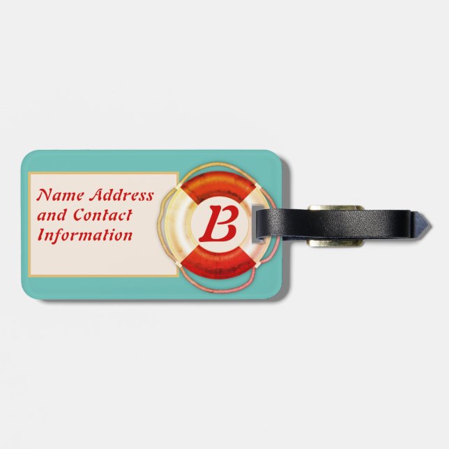 Nautical Initial Retro Life Preserver Pattern Luggage Tag (Back Horizontal)
