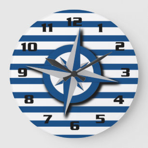 Nautical Inspired Compass and Stripes Pattern Large Clock