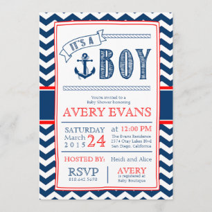 Nautical It's a Boy Baby Shower w/ Anchor Chevron Invitation
