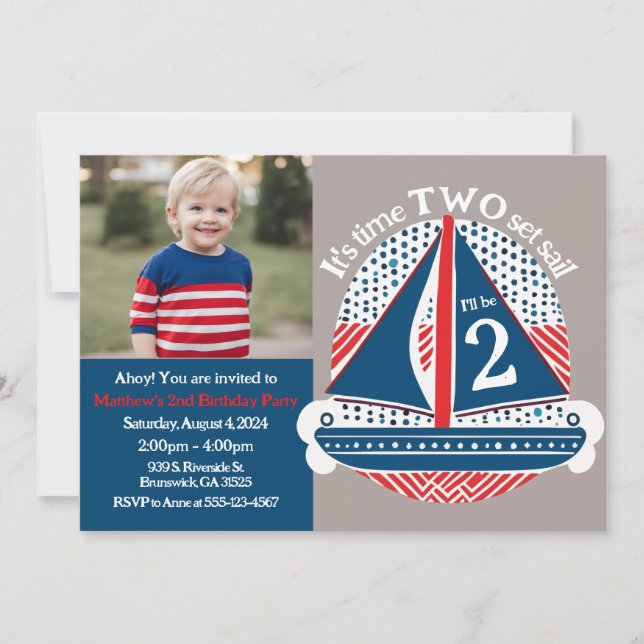 Nautical It's Time TWO Set Sail Boys 2nd Birthday Invitation (Front)