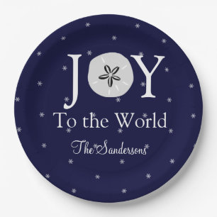 Nautical Joy Sandollar Blue White Christmas Paper Plate