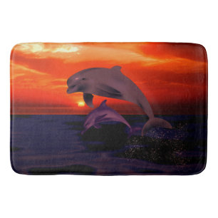 Nautical Jumping Dolphins Orange Ocean Sunset Bath Mat