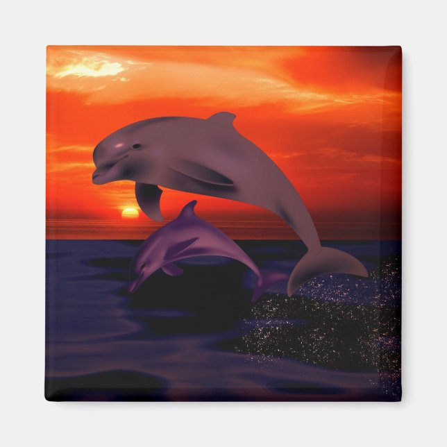 Nautical Jumping Dolphins Orange Ocean Sunset Magnet (Front)