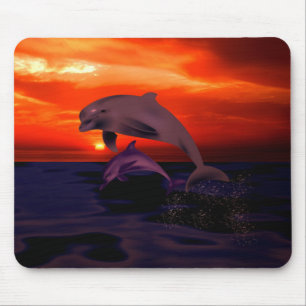 Nautical Jumping Dolphins Orange Ocean Sunset Mouse Pad