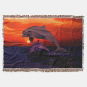 Nautical Jumping Dolphins Orange Ocean Sunset Throw Blanket
