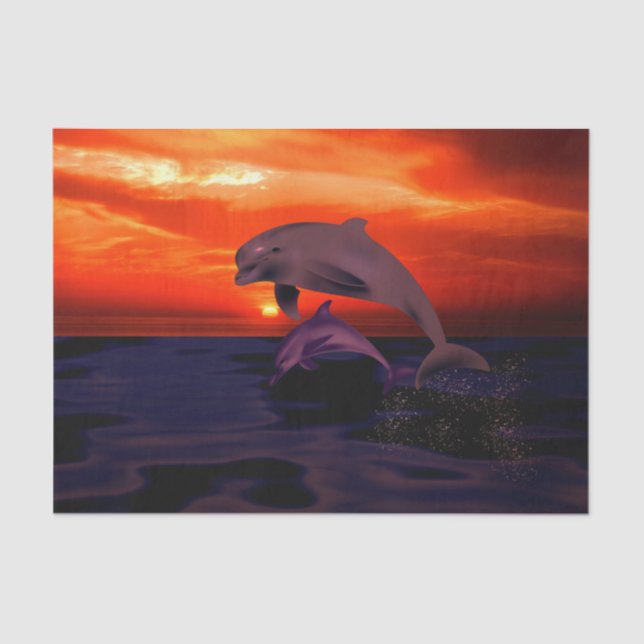Nautical Jumping Dolphins Orange Ocean Sunset Tissue Paper (Front)