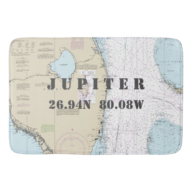 Nautical Jupiter FL Longitude Latitude Chart Bath Mat (Front)