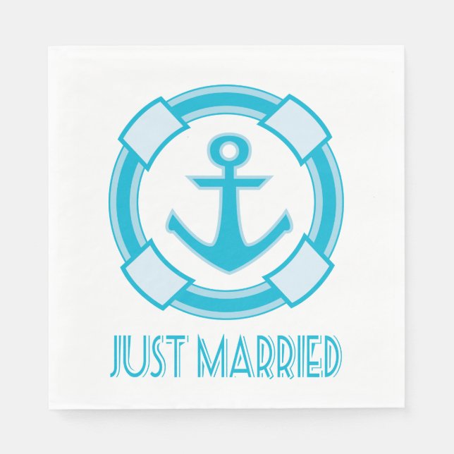 Nautical Just Married Blue Turqoise Anchor Wedding Napkin (Front)