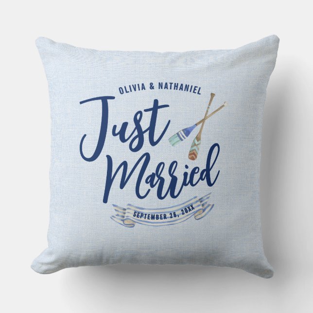 Nautical Just Married Navy Blue Script Cushion (Front)