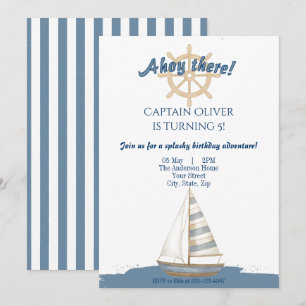 Nautical Kids Birthday Blue & White boat Invitation
