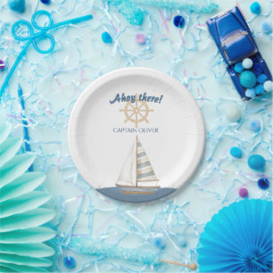 Nautical Kids Birthday Navy Blue & White boat Paper Plate