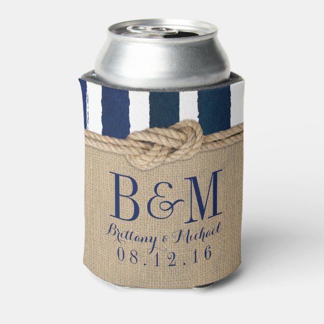 Nautical Knot Burlap Navy Stripes Wedding Can Cooler (Can Back)