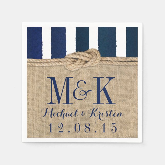 Nautical Knot Burlap Navy Stripes Wedding Napkins (Front)