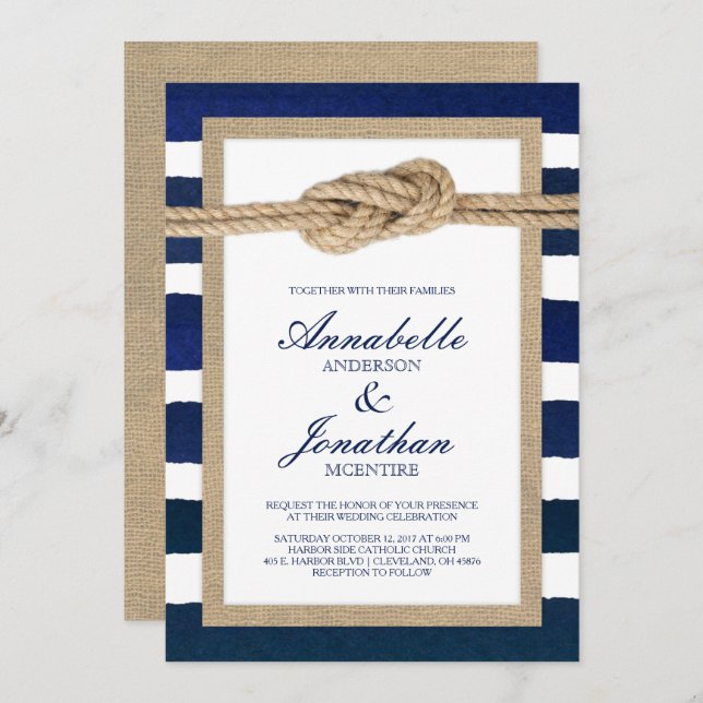 Nautical Knot Burlap & Watercolor Navy Stripes Invitation (Front/Back)