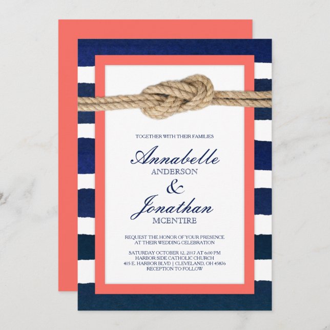 Nautical Knot Coral & Navy Stripes Wedding Invitation (Front/Back)