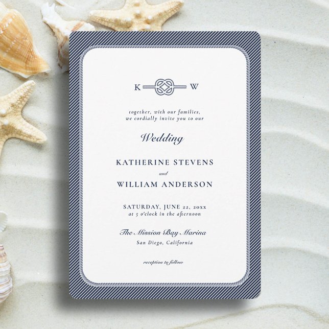 Nautical Knot Monograms Elegant Navy Beach Wedding Invitation (simple beach wedding invitation nautical rope infinity knot navy blue modern classic minimalist)