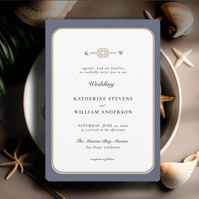 Nautical Knot Monograms Elegant Navy Tan Wedding Invitation (simple beach wedding invitation nautical rope infinity knot navy tan modern classic minimalist)