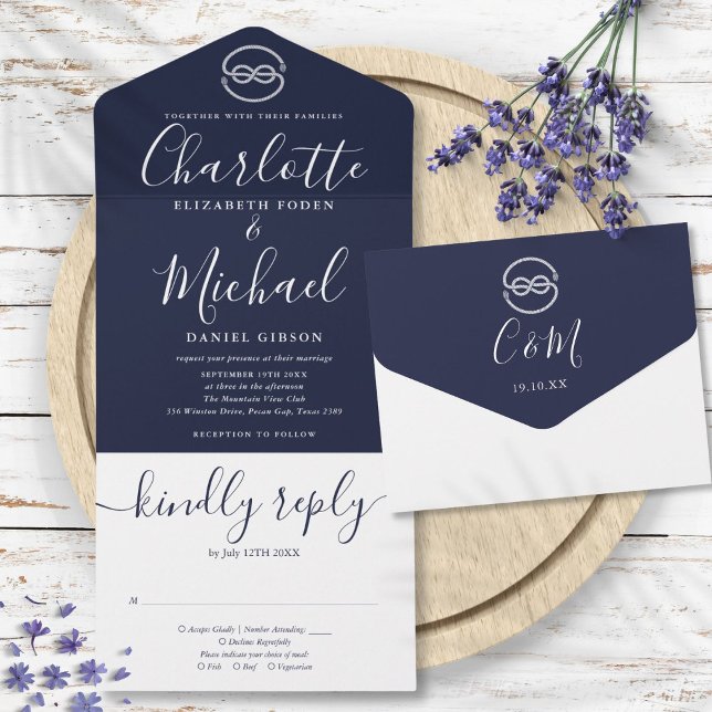 Nautical Knot Navy Blue And White Script Wedding All In One Invitation (Nautical Knot Navy Blue And White Script Wedding All In One Invitation)