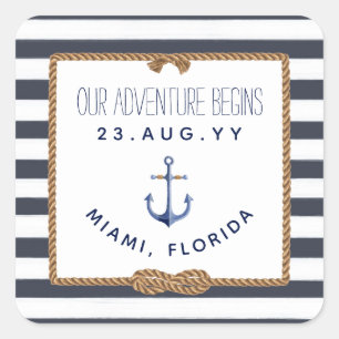 Nautical Knot Navy Blue & White Striped Wedding Square Sticker