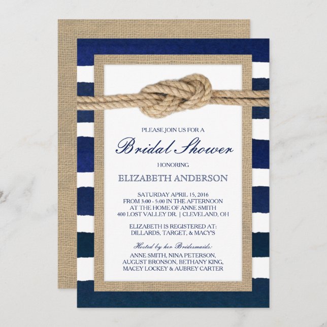 Nautical Knot Navy Stripes Rustic Bridal Shower Invitation (Front/Back)