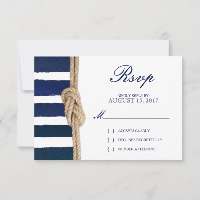 Nautical Knot & Watercolor Navy Stripes RSVP Card (Front)