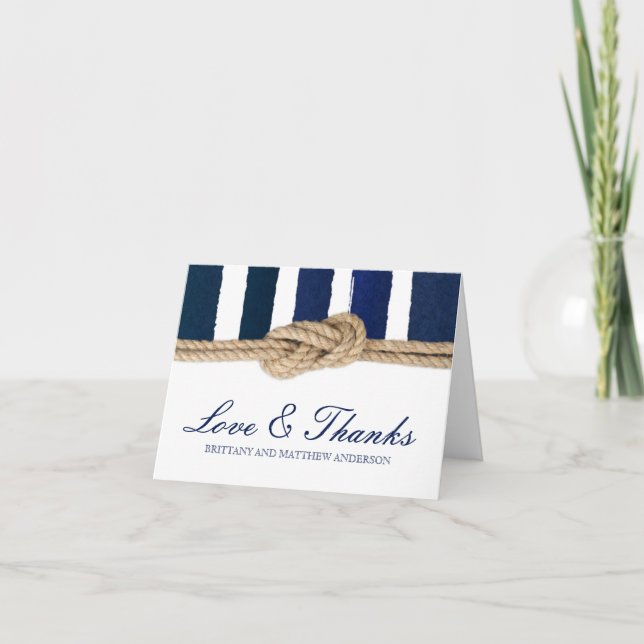 Nautical Knot Watercolor Navy Stripes Thank You Card (Front)