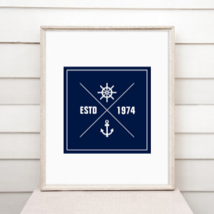 Nautical Label Poster with Anchor and Ships Wheel