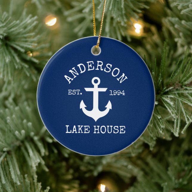 Nautical Lake House Anchor Family Name Blue Ceramic Ornament (Tree)