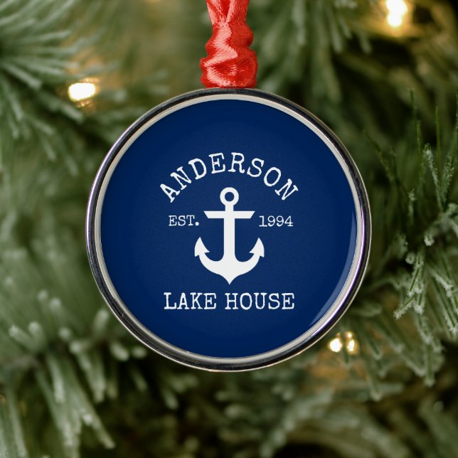 Nautical Lake House Anchor Family Name Blue Metal Ornament (Tree)