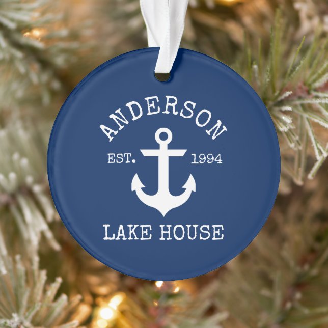 Nautical Lake House Anchor Family Name Blue Ornament (Tree)