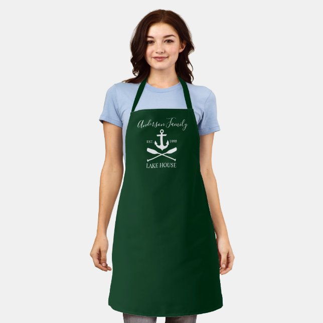 Nautical Lake House Anchor Oars Family Name Green Apron (Worn)