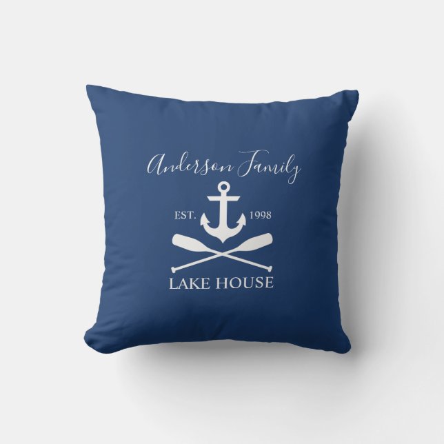 Nautical Lake House Anchor Oars Family Navy Blue Cushion (Front)