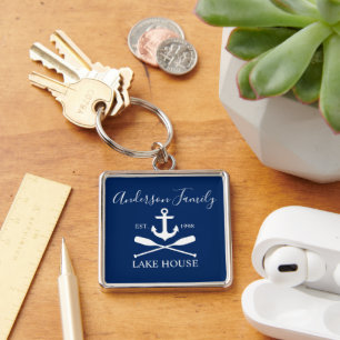 Nautical Lake House Anchor Oars Family Navy Blue Key Ring