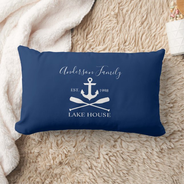 Nautical Lake House Anchor Oars Family Navy Blue Lumbar Cushion (Blanket)