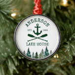 Nautical Lake House Anchor Oars Pines Round Metal Ornament<br><div class="desc">Nautical Lake House Family Name Anchor Oars Christmas Ornament includes Watercolor Green Pine Trees</div>
