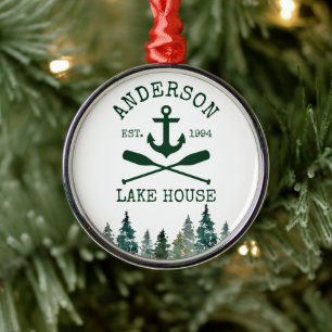 Nautical Lake House Anchor Oars Pines Round Metal Ornament