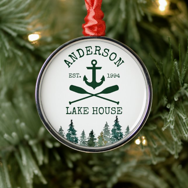 Nautical Lake House Anchor Oars Pines Round Metal Ornament (Tree)