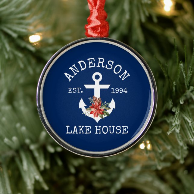 Nautical Lake House Anchor Winter Floral Blue Metal Ornament (Tree)