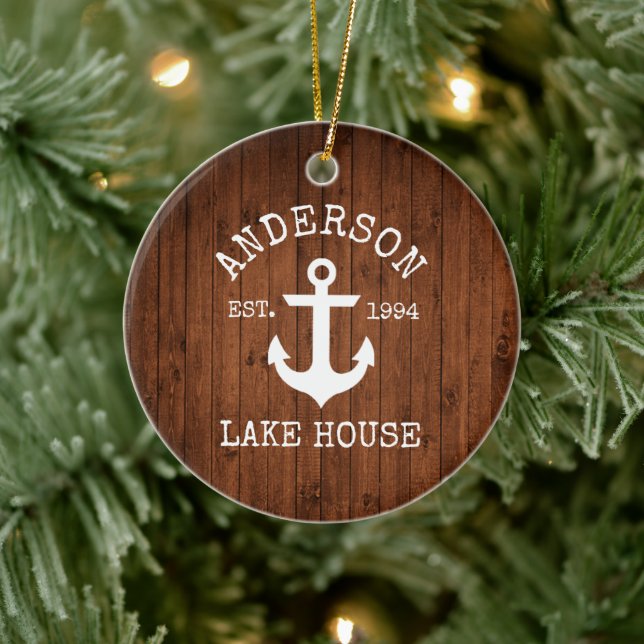 Nautical Lake House Anchor Wood Family Name Ceramic Ornament (Tree)