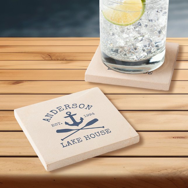 Nautical Lake House Blue Anchor Oars Sandstone Stone Coaster (Customize to change text size or text style.)