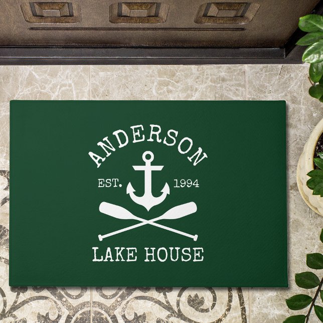 Nautical Lake House Family Anchor Oars Green Doormat (Customize to change text size, text style or background color.)