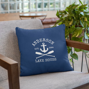Nautical Lake House Family Anchor Oars Navy Blue Cushion