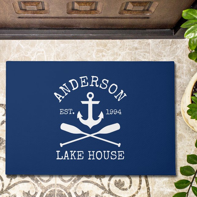 Nautical Lake House Family Anchor Oars Navy Blue Doormat (Customize to change text size, text style or background color.)